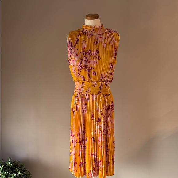 Nanette Laporte high smocked neck / waist accordion midi dress yellow purple 12 - Picture 2 of 12